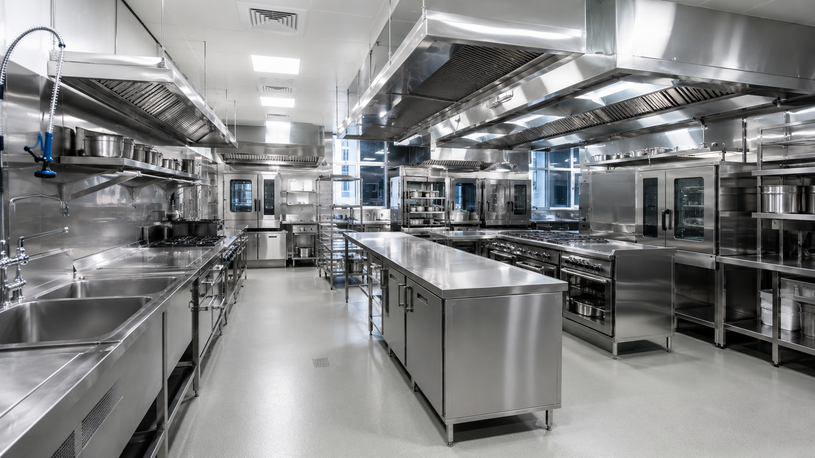 Cocina industrial en acero inoxidable con islas de trabajo, campanas extractoras y circulación operativa amplia